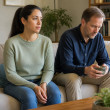 Couple sitting on a couch in a living room, woman looking thoughtful, man fidgeting with a mug