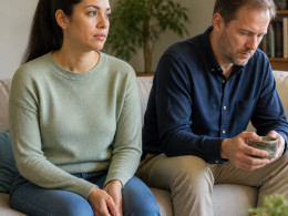 Couple sitting on a couch in a living room, woman looking thoughtful, man fidgeting with a mug
