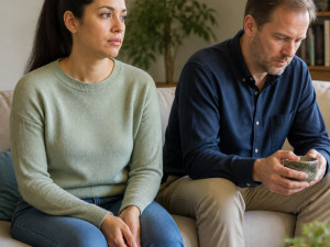 Couple sitting on a couch in a living room, woman looking thoughtful, man fidgeting with a mug