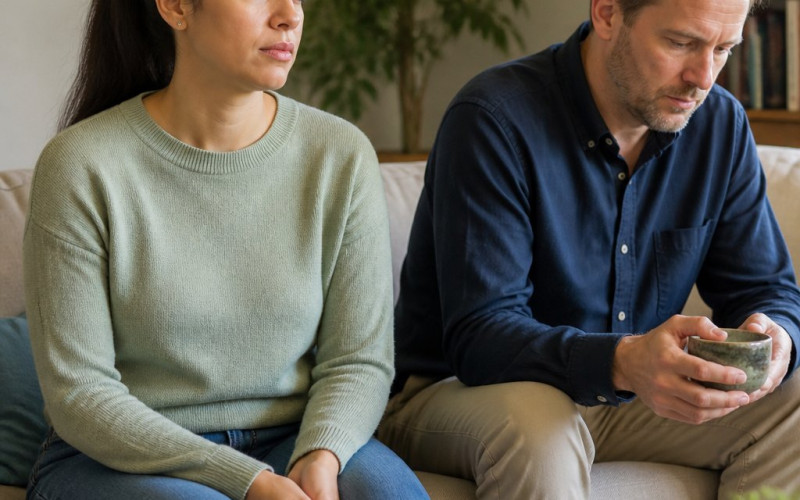 Couple sitting on a couch in a living room, woman looking thoughtful, man fidgeting with a mug