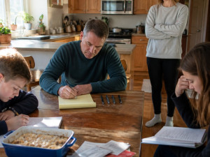 Cal writes minutes on a legal pad at the kitchen table while Ivy stands nearby, uneasy, as the kids sit with notebooks.