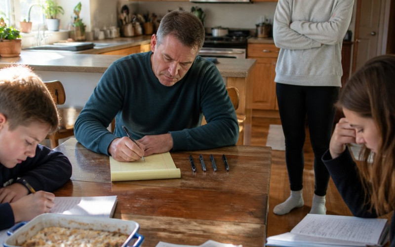 Cal writes minutes on a legal pad at the kitchen table while Ivy stands nearby, uneasy, as the kids sit with notebooks.
