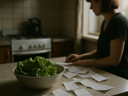 Kitchen counter with grocery receipts and fresh lettuce bowl