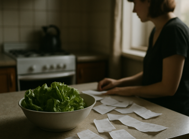 Kitchen counter with grocery receipts and fresh lettuce bowl