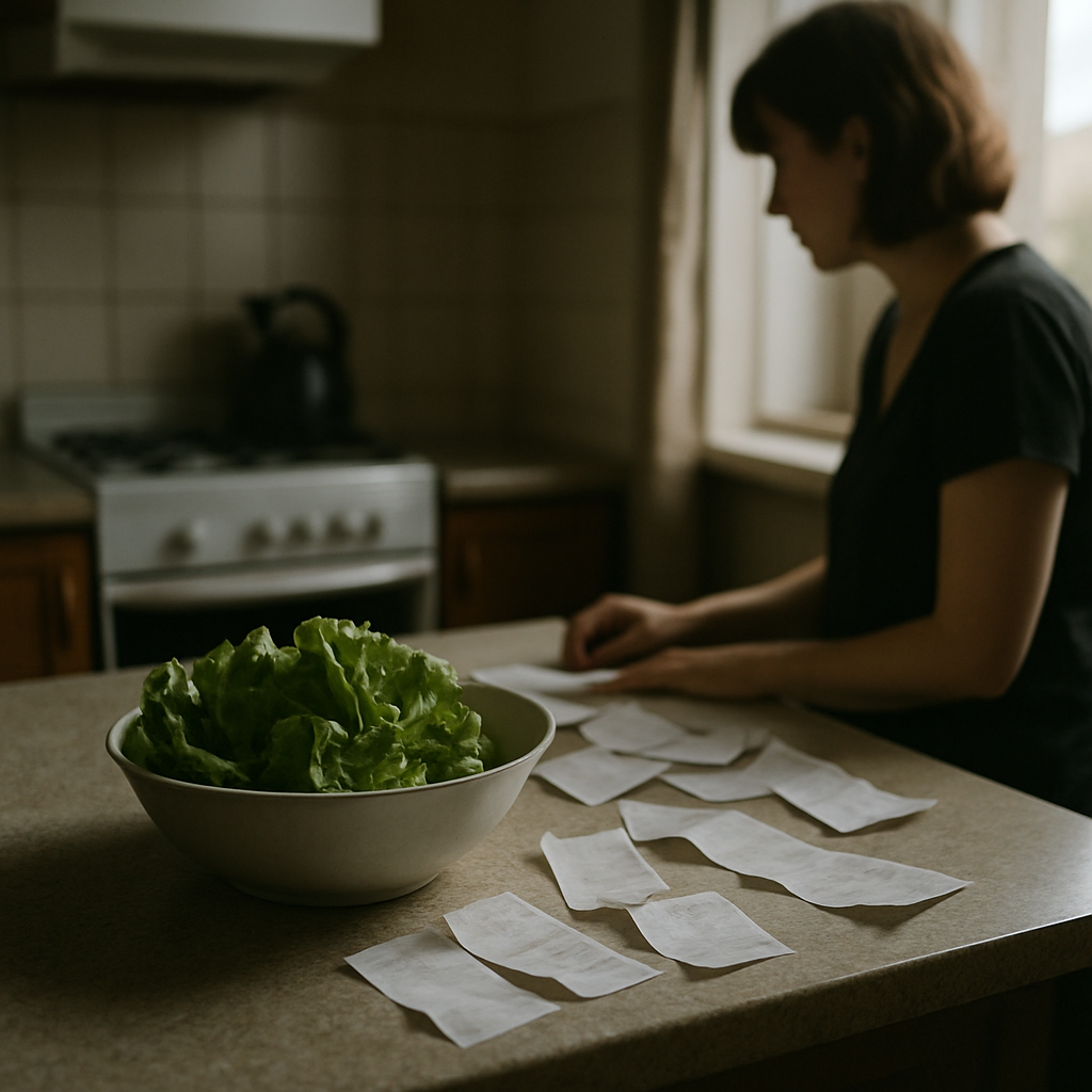 Kitchen counter with grocery receipts and fresh lettuce bowl