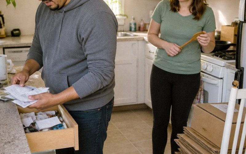Evan sorts manuals and receipts at the kitchen counter while Mara watches from the stove, spoon paused.
