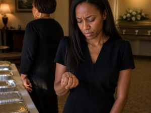 Mara at the funeral home looking at a bent-ring key as Aunt Darlene walks away.