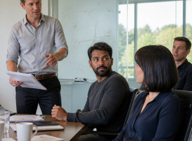 In a conference room, Dylan gestures while looking too closely at Mara as coworkers quietly notice.