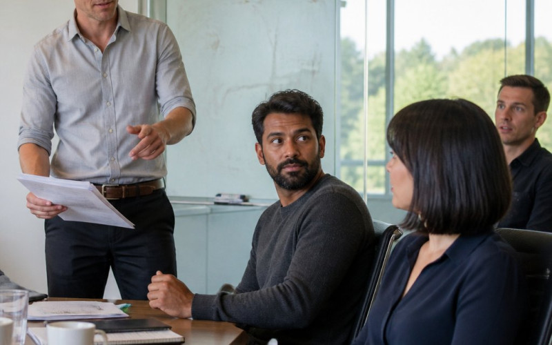 In a conference room, Dylan gestures while looking too closely at Mara as coworkers quietly notice.