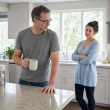 Grant shields a face-down phone on the kitchen counter while Nina watches him closely.