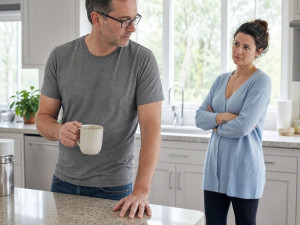 Grant shields a face-down phone on the kitchen counter while Nina watches him closely.