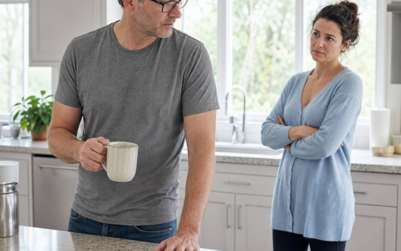 Grant shields a face-down phone on the kitchen counter while Nina watches him closely.