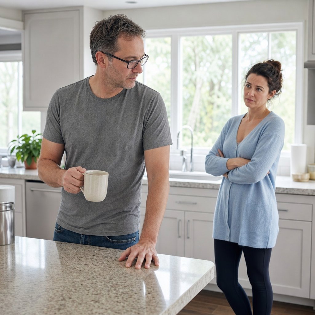 Grant shields a face-down phone on the kitchen counter while Nina watches him closely.