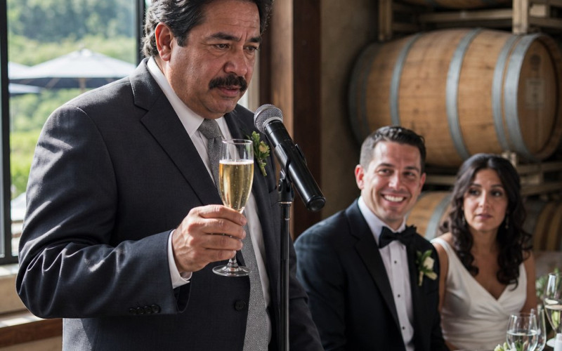A man mid-toast freezes as he stares at a place card, with the smiling groom and tense bride behind him.