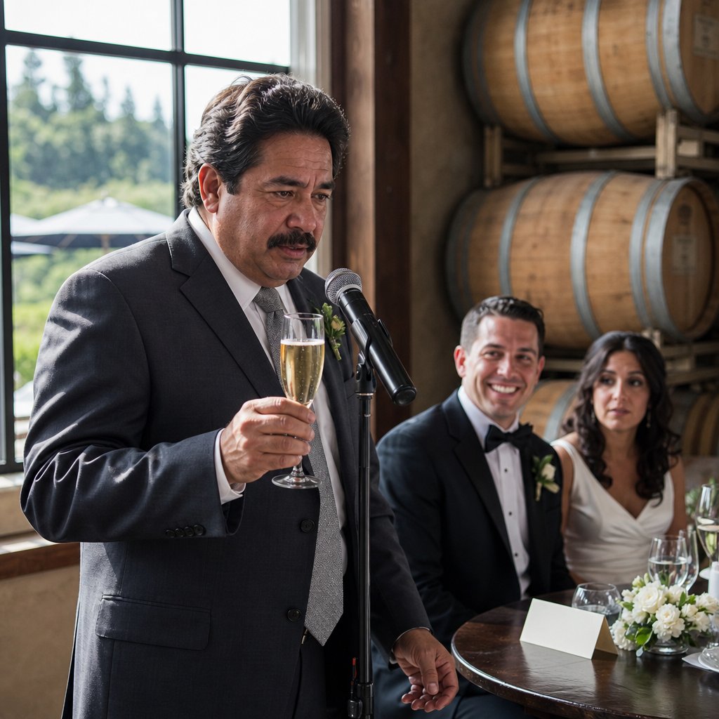 A man mid-toast freezes as he stares at a place card, with the smiling groom and tense bride behind him.