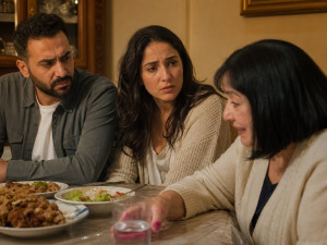 At a tense family dinner, the older woman reaches for a water glass with visibly stained fingers while the couple watches.