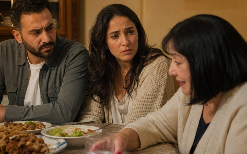 At a tense family dinner, the older woman reaches for a water glass with visibly stained fingers while the couple watches.