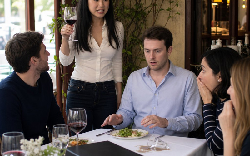 Mara stands to toast while sliding a binder toward stunned friends as Evan turns pale.