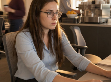 A tense young woman with glasses at her office desk, frozen mid-reach as her phone vibrates beside her.