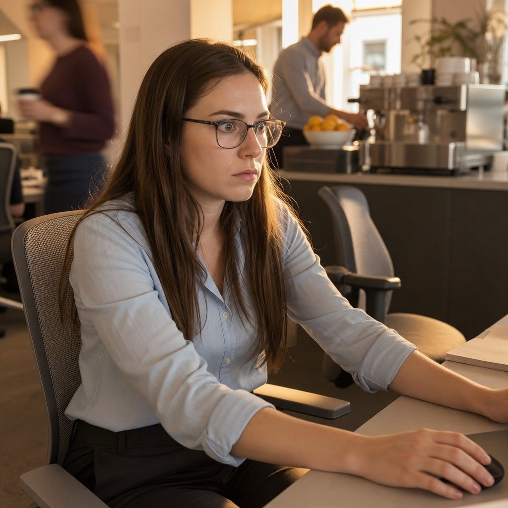 A tense young woman with glasses at her office desk, frozen mid-reach as her phone vibrates beside her.