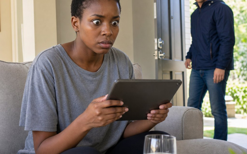 Mara stares at a tablet on the couch as Evan walks in through the front door.