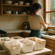 Woman from behind organizing labeled plastic bins in a sunlit kitchen.