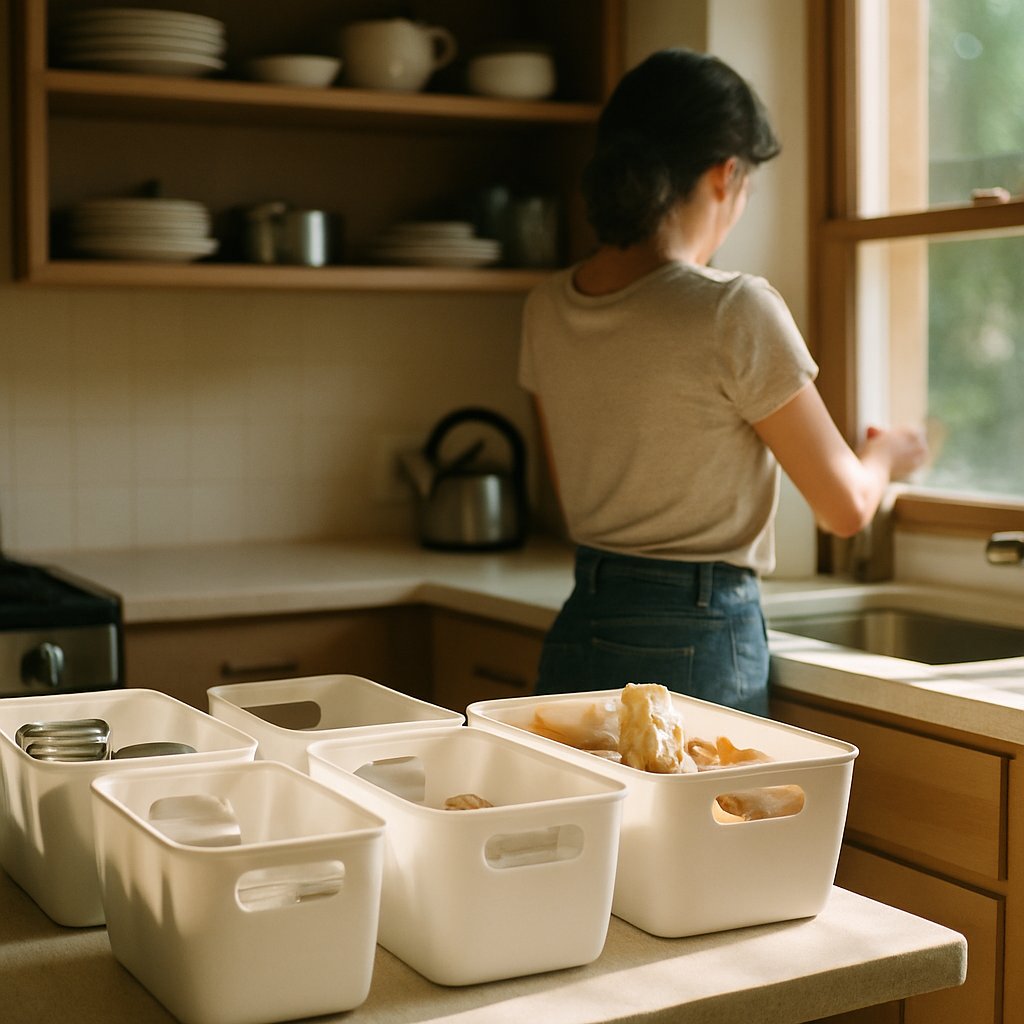 Woman from behind organizing labeled plastic bins in a sunlit kitchen.