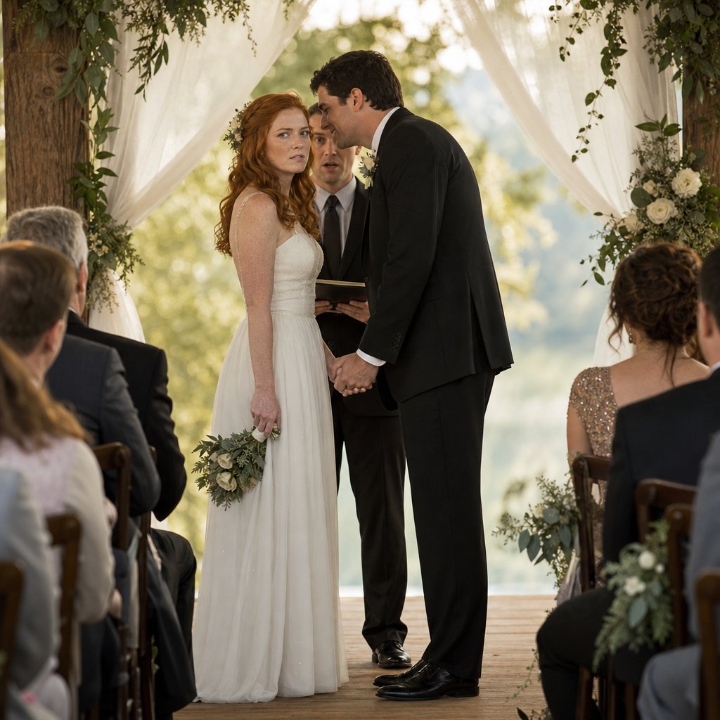 At the altar, the redheaded bride stands tense as the groom leans in smiling, gripping her hand too tightly while the officiant looks startled.