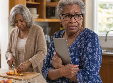 A shocked older Black woman clutches a tablet in a kitchen while her mother calmly slices peaches behind her.