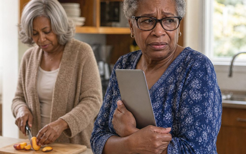 A shocked older Black woman clutches a tablet in a kitchen while her mother calmly slices peaches behind her.