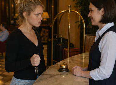 Mara confronts a hotel clerk at the front desk as the clerk looks uneasy.