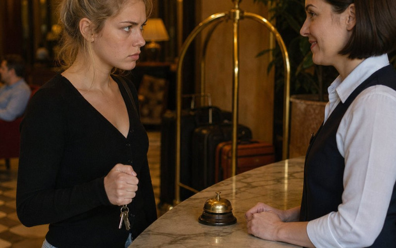 Mara confronts a hotel clerk at the front desk as the clerk looks uneasy.