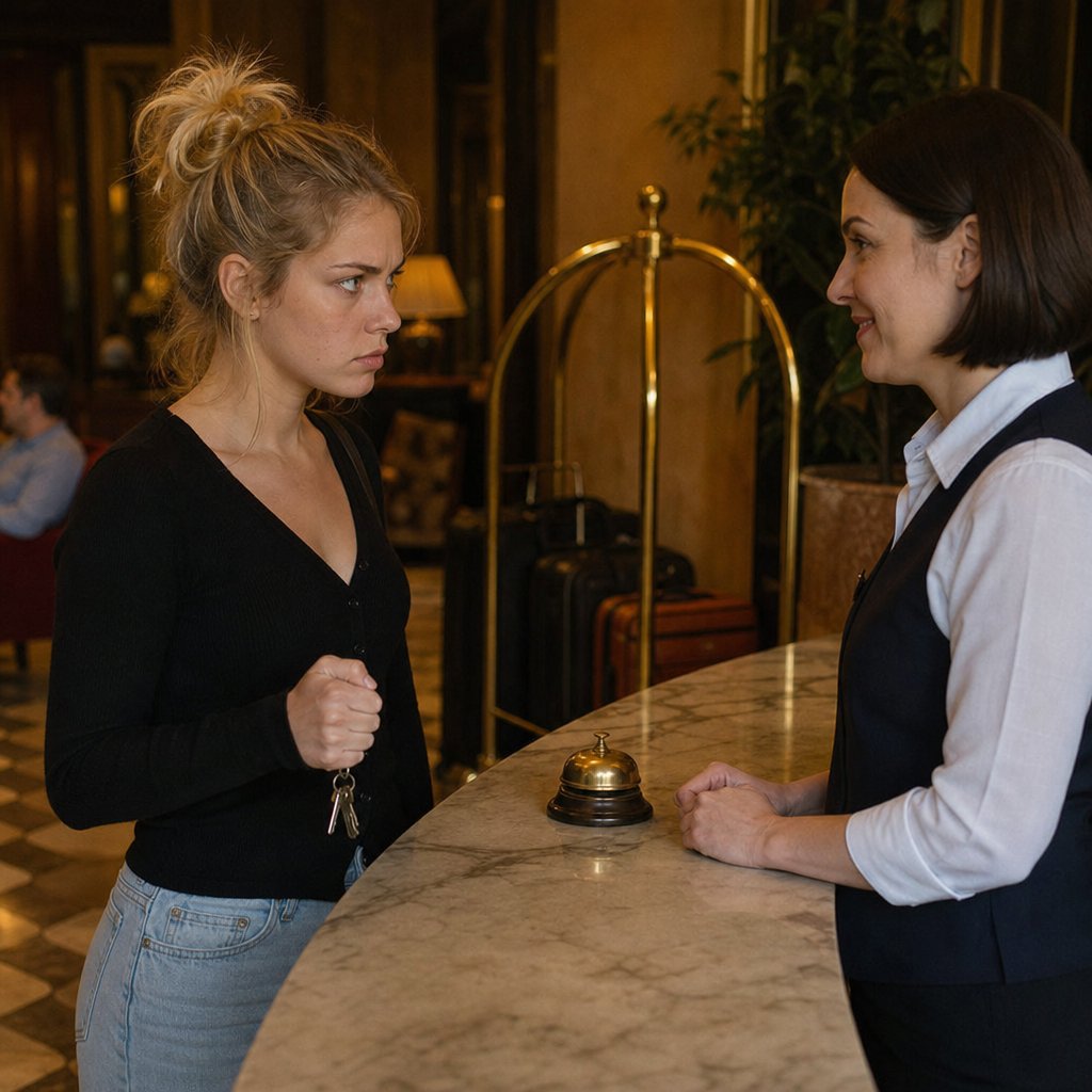 Mara confronts a hotel clerk at the front desk as the clerk looks uneasy.