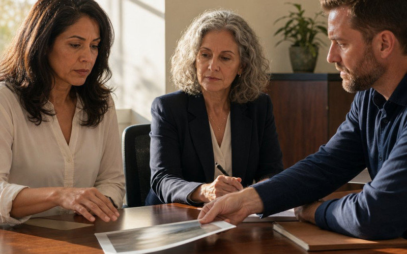 Mara stares at a paper Grant slides across the mediation table while the mediator watches.