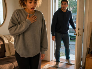 A curly-haired young woman stands stunned in a living room as a man enters, a face-down phone on the coffee table.