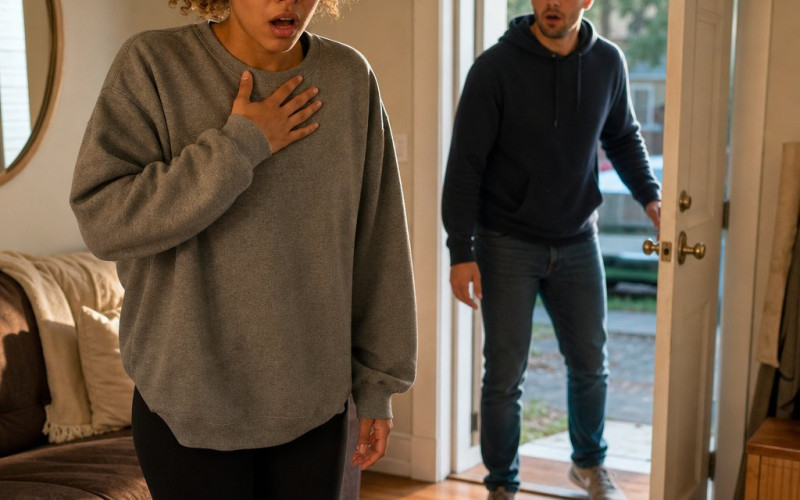 A curly-haired young woman stands stunned in a living room as a man enters, a face-down phone on the coffee table.