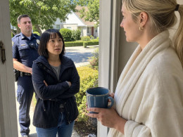 A stunned woman stands with a police officer at her door as a blonde woman in a bathrobe holds a mug and blocks the entry.