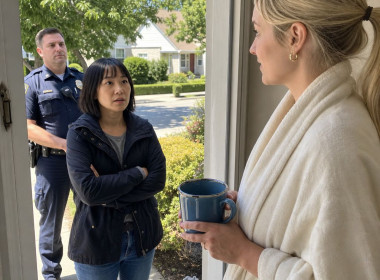 A stunned woman stands with a police officer at her door as a blonde woman in a bathrobe holds a mug and blocks the entry.