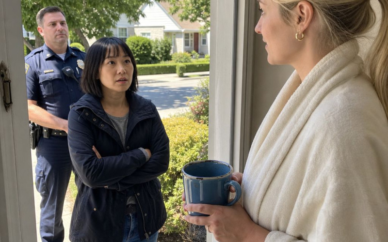 A stunned woman stands with a police officer at her door as a blonde woman in a bathrobe holds a mug and blocks the entry.