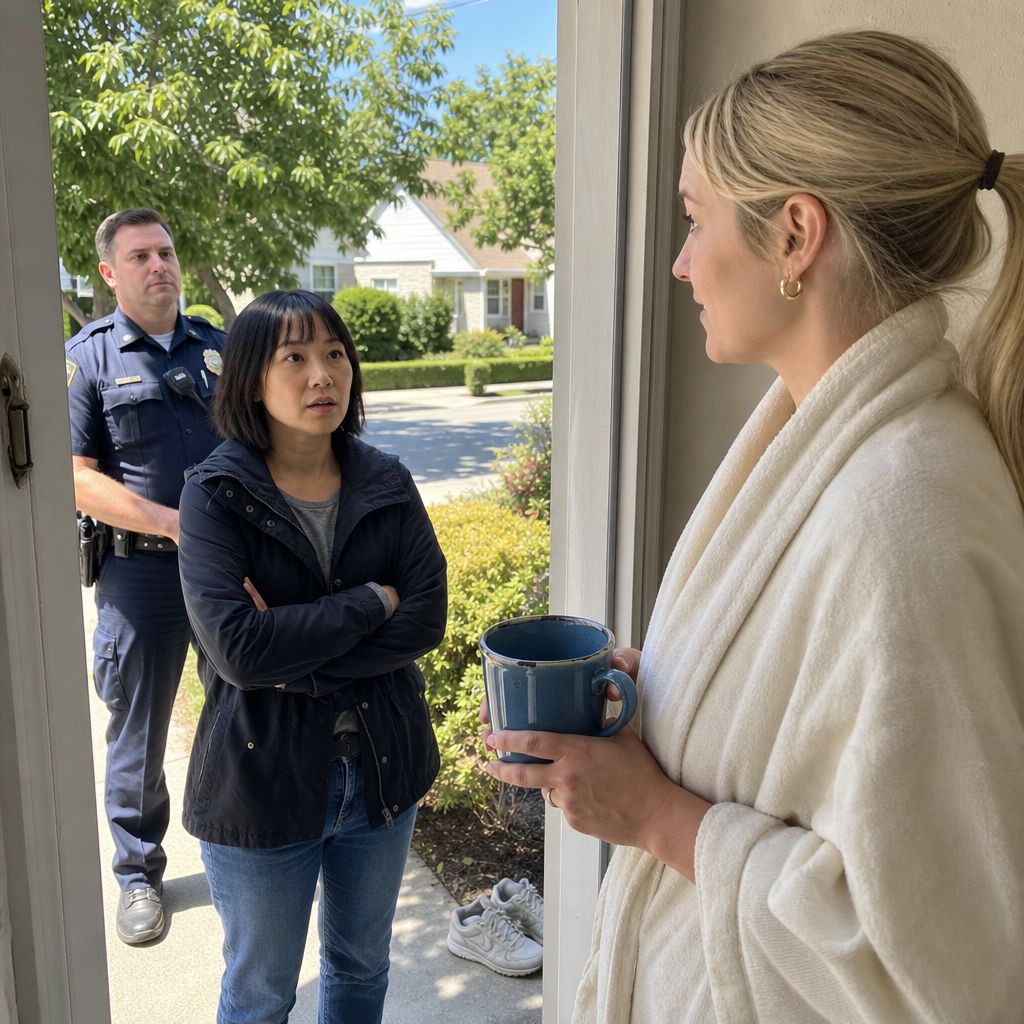 A stunned woman stands with a police officer at her door as a blonde woman in a bathrobe holds a mug and blocks the entry.