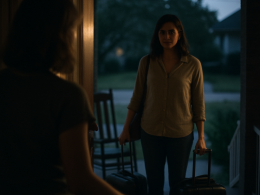 Woman opening front door to another woman with suitcases at dusk.
