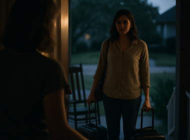 Woman opening front door to another woman with suitcases at dusk.