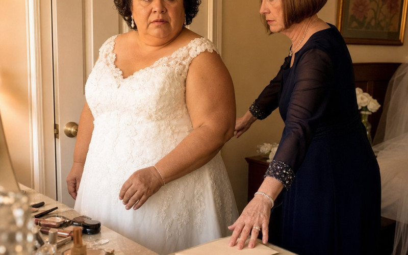 In a bridal suite, the bride stares at a sealed envelope as her future mother-in-law locks the door.