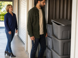 A young Middle Eastern man freezes at an open storage unit full of bins as a blonde woman in heels stops behind him.
