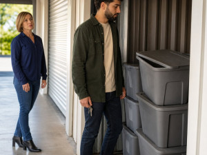 A young Middle Eastern man freezes at an open storage unit full of bins as a blonde woman in heels stops behind him.