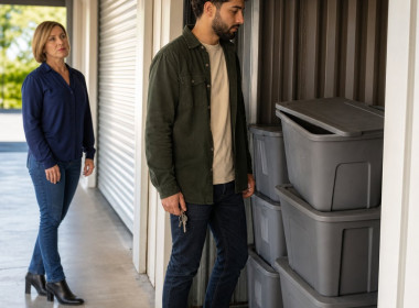 A young Middle Eastern man freezes at an open storage unit full of bins as a blonde woman in heels stops behind him.