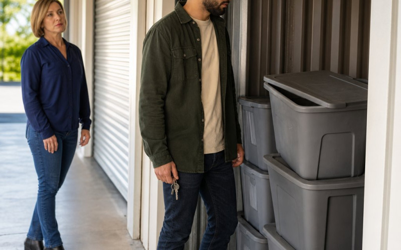 A young Middle Eastern man freezes at an open storage unit full of bins as a blonde woman in heels stops behind him.