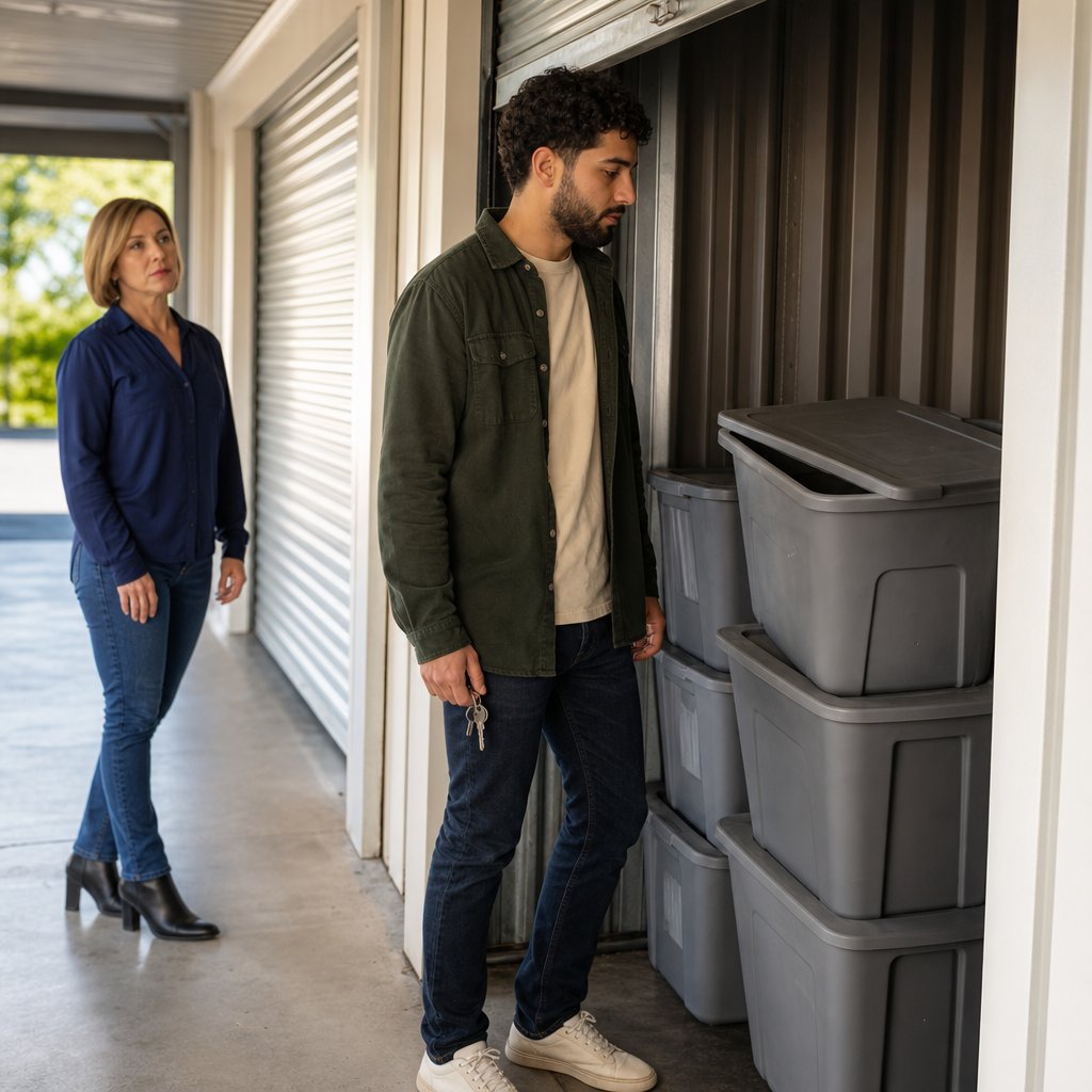 A young Middle Eastern man freezes at an open storage unit full of bins as a blonde woman in heels stops behind him.