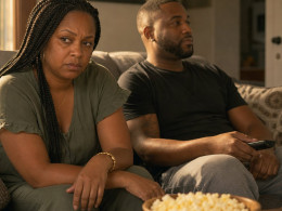 A tense woman with long box braids sits beside her relaxed husband on a couch, gripping a face-down phone and staring at him.