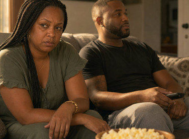 A tense woman with long box braids sits beside her relaxed husband on a couch, gripping a face-down phone and staring at him.